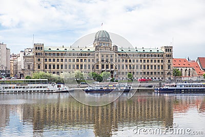 Old buildings and street view. Vltava river with glare. Travel photo 2019 Editorial Stock Photo