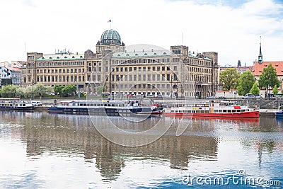 Old buildings and street view. Vltava river with glare. Travel photo 2019 Editorial Stock Photo