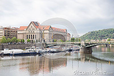 Old buildings and street view. Vltava river with glare. Travel photo 2019 Editorial Stock Photo