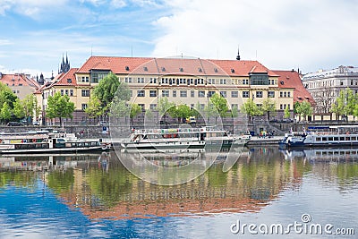 Old buildings and street view. Vltava river with glare. Travel photo 2019 Editorial Stock Photo