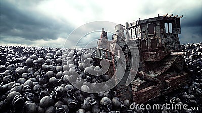 Old bulldozer and pile of skulls. Apocalypse and hell concept. 3d rendering. Stock Photo