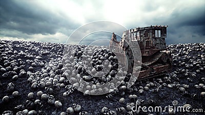 Old bulldozer and pile of skulls. Apocalypse and hell concept. 3d rendering. Stock Photo