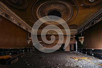 Old burnt creepy abandoned ruined haunted theater Stock Photo