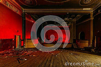 Old burnt creepy abandoned ruined haunted theater Stock Photo