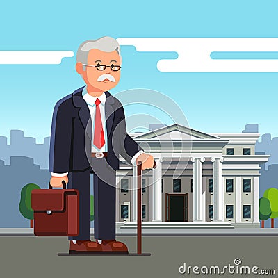 Old business man standing in front of building Vector Illustration