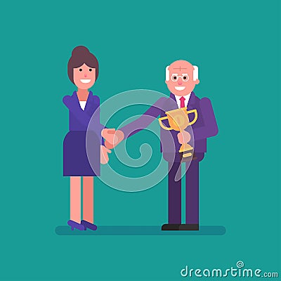 Old businessman shakes hands with an businesswoman and presents golden goblet. Flat people Vector Illustration