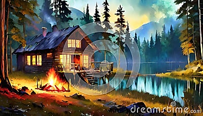 an old cabin nestled in a forest, surrounded by a mesmerizing fire and a serene lake in the distance Stock Photo