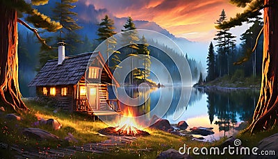an old cabin nestled in a forest, surrounded by a mesmerizing fire and a serene lake in the distance Stock Photo