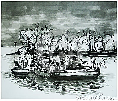 Old cable ferry Cartoon Illustration