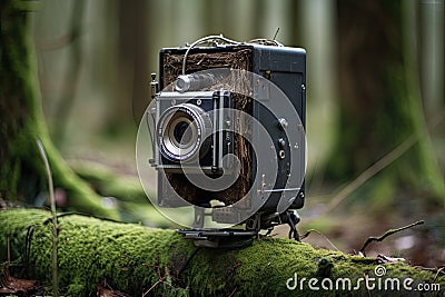 Old camera on a mossy branch in a forest. Vintage photography, AI Generated Stock Photo