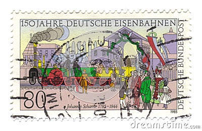 Old canceled german stamp with train Editorial Stock Photo