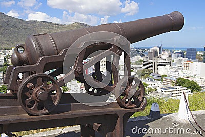 Old cannon at the entrance to the Fort Adelaide overlooking the city in Port Louis, Mauritius. Stock Photo