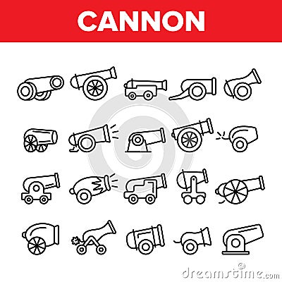 Old Cannons, Artillery Linear Icons Vector Set Vector Illustration
