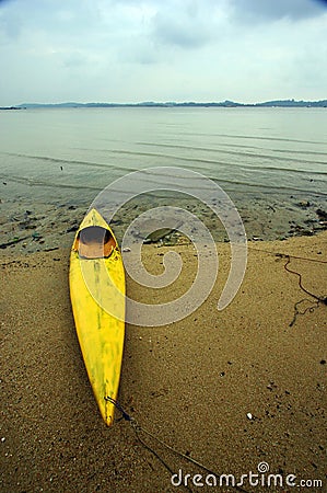 Old canoe on mudflat beach Stock Photo