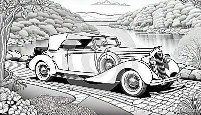 Old car antique convertible black white line drawing Cartoon Illustration