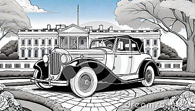 Old car antique convertible touring automobile white house Cartoon Illustration