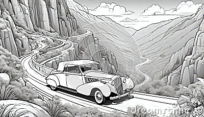 Old car antique monochrome automobile road driving Cartoon Illustration