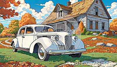 Old car antique sedan shack house parked Cartoon Illustration