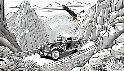 Old car antique touring car drive steep mountain cliffs eagle flying Cartoon Illustration