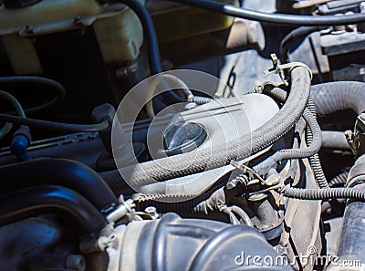 Old car engine, engine of an old car, supercharger of old muscule car, car engine detail Stock Photo