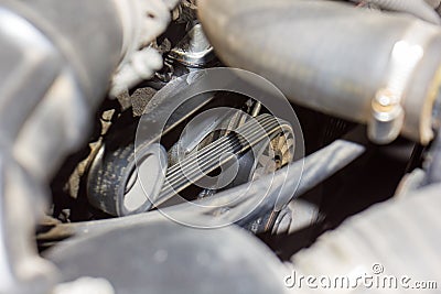 Old car engine, engine of an old car, supercharger of old muscule car, car engine detail Stock Photo