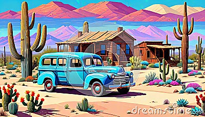 Old car house desert country home southwestern lifestyle Cartoon Illustration