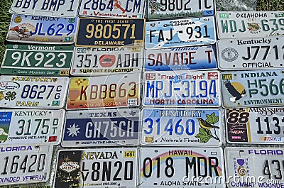 American retro car license and number plates of different states on exhibition Editorial Stock Photo