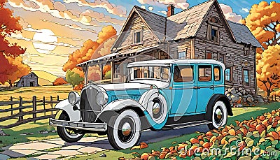 Old car vintage farmyard home cartoon classic Cartoon Illustration