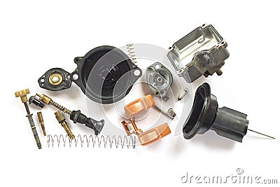 Old carburetor of motorcycle part disassembly. Stock Photo