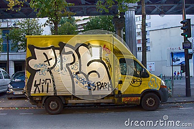 Old cargo mini-bus Ford painted graffiti Editorial Stock Photo