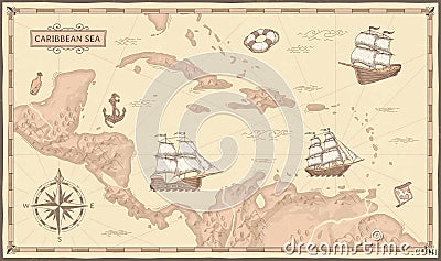 Old caribbean sea map. Ancient pirate routes, fantasy sea pirates ships and vintage pirate maps vector concept Vector Illustration