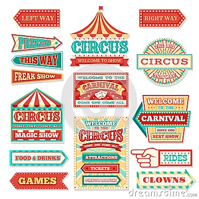 Old carnival circus banners and carnival labels vector set Vector Illustration