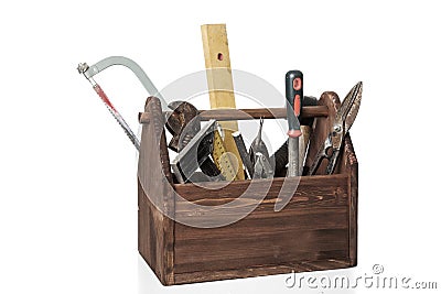 Old Carpenter Wooden toolbox with tools isolated on white Stock Photo