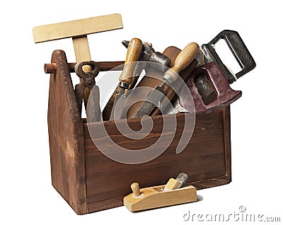 Old Carpenter Wooden toolbox with tools isolated on white Stock Photo