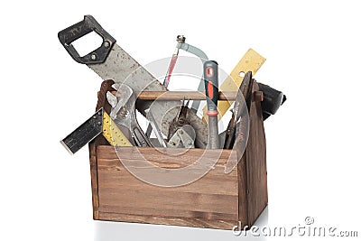 Old Carpenter Wooden toolbox with tools isolated on white Stock Photo