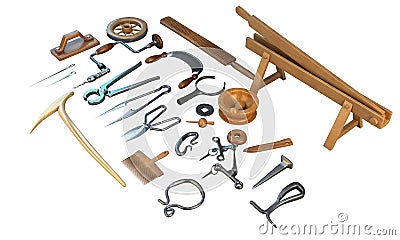 Old carpenter workshop with vintage tools,3d illustration Cartoon Illustration