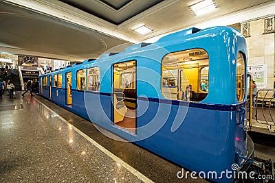 Old cars of the subway train in Moscow at the exhibition retro Editorial Stock Photo