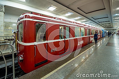 Old cars of the subway train in Moscow at the exhibition retro Editorial Stock Photo