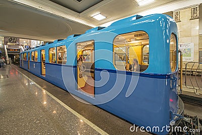Old cars of the subway train in Moscow at the exhibition retro Editorial Stock Photo
