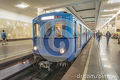 Old cars of the subway train in Moscow at the exhibition retro Editorial Stock Photo