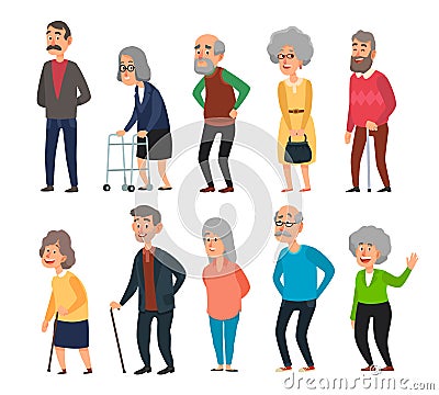 Old cartoon seniors. Aged people, wrinkled senior grandfather and walking grandmother with gray hair isolated Vector Illustration