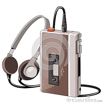 Old cassette music player with wired headphones Vector Illustration