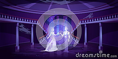 Old castle hall with ghosts dance in palace room Vector Illustration