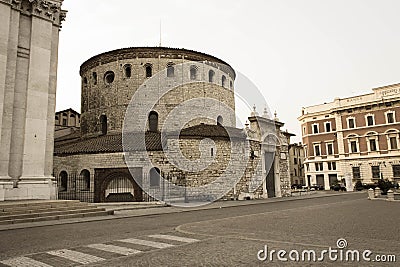 Old Cathedral of Brescia in Piazza Paolo VI, Lombardy, Italy. Aged photo effect Editorial Stock Photo