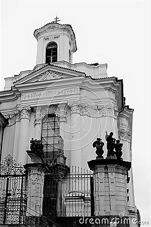 Old catholic cathedral in Prague, Czech Republic, in classic style in black and white tones. Editorial Stock Photo