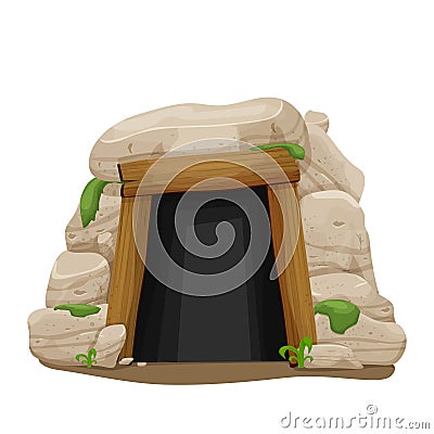 Old cave from stones, rocks with moss and grass in cartoon style isolated on white background. Entrance from wood planks, dark Vector Illustration