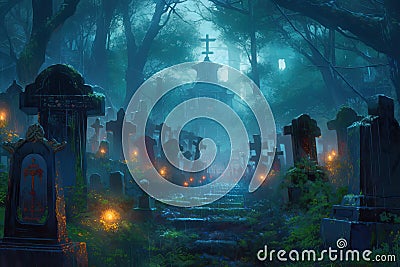 Old cemetery scene with ancient stones, crosses, and tombs along a path to a mysterious crypt. Generative AI Stock Photo