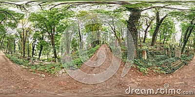 Old cemetery in summer. Graveyard with green trees Tombs in the forest with grass. 3D spherical panorama with 360 degree viewing a Editorial Stock Photo