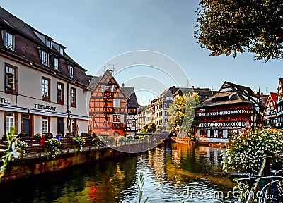 Old center of Strasbourg. Typical alsacien houses on the river. Stock Photo