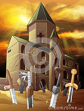 Old chapel of dawn with swords on desert. Vector Illustration